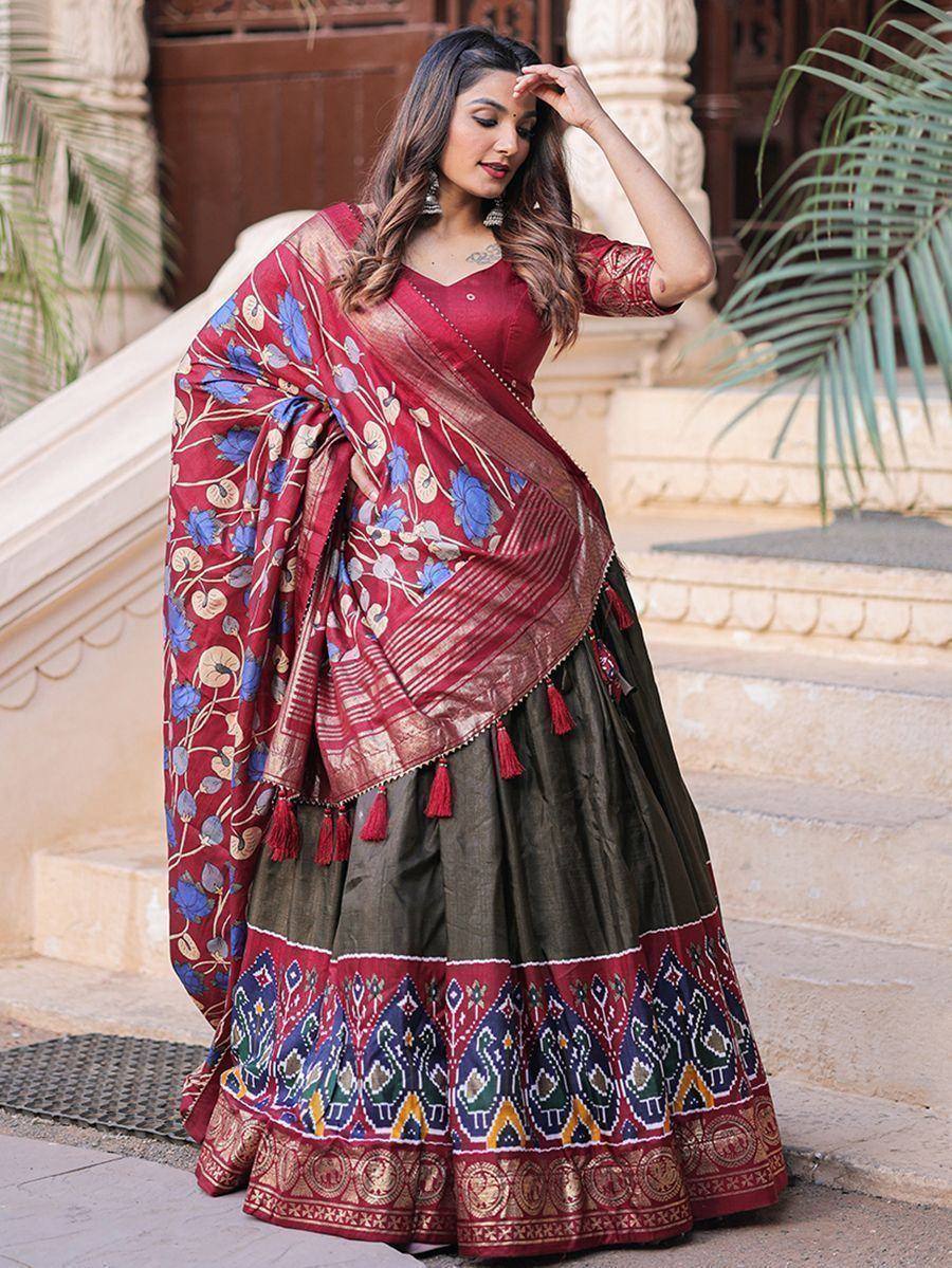 Maroon floral saree with olive green lehenga, ethnic Indian wear for women