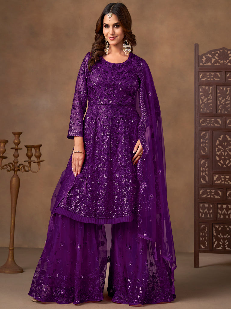 Precious Purple Embroidered Net Function Wear Sharara Suit