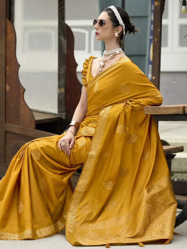 Exquisite Yellow Zari Weaving Satin Haldi Wear Saree With Blouse
