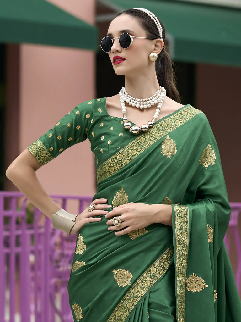 Outstanding Green Zari Weaving Satin Mehendi Wear Saree With Blouse