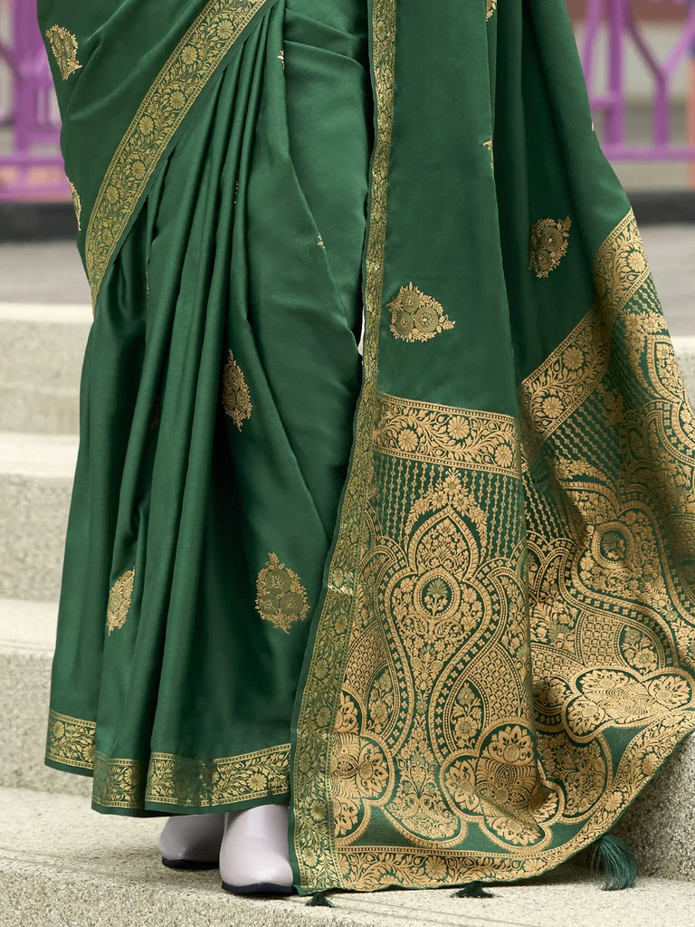 Outstanding Green Zari Weaving Satin Mehendi Wear Saree With Blouse