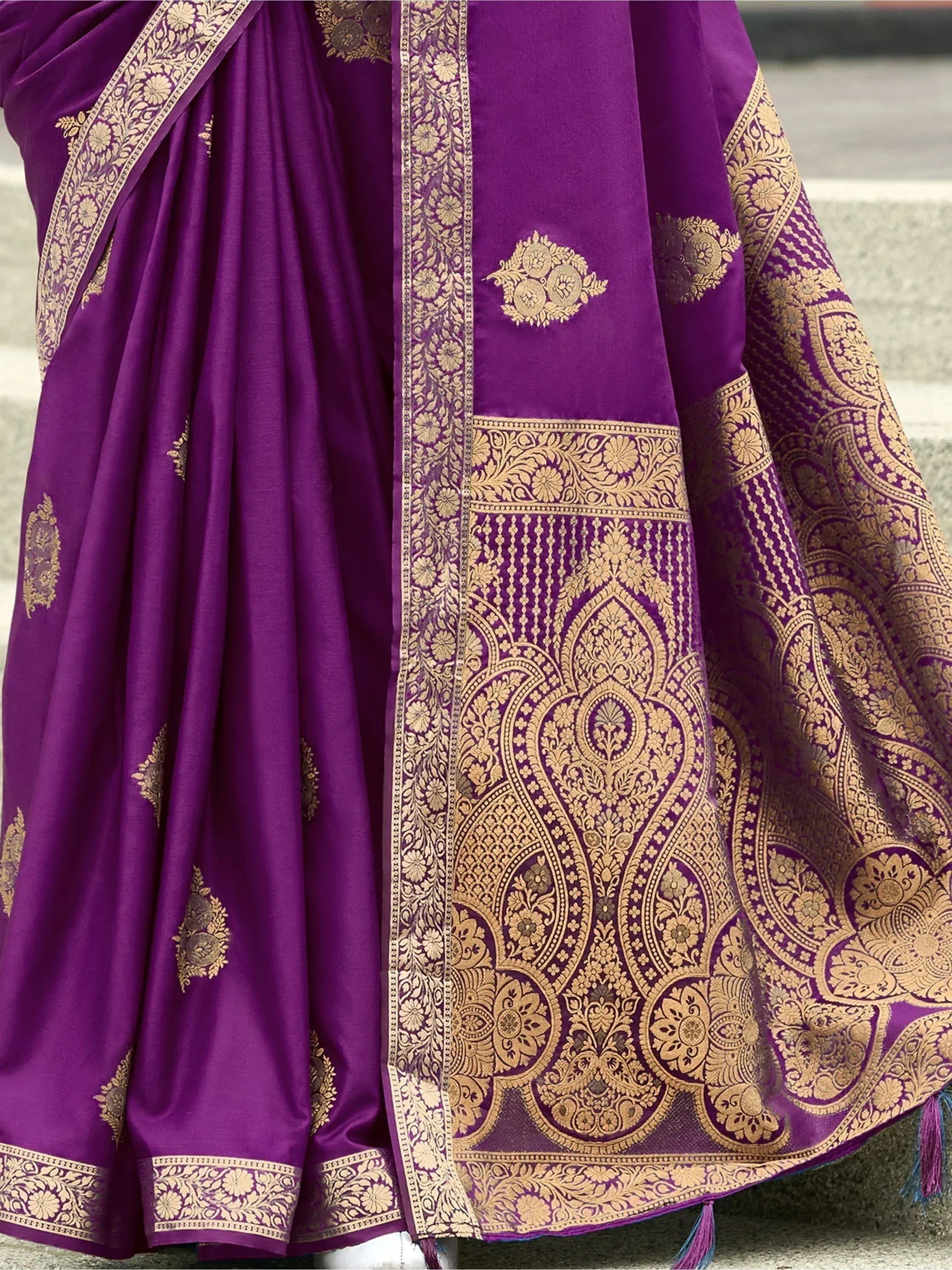 Purple silk saree with gold zari floral and paisley border, traditional Indian ethnic wear