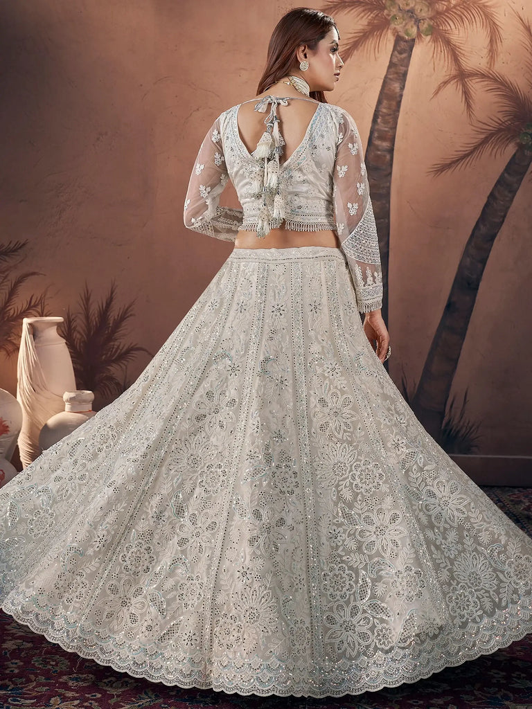 Excellent Off-White Zarkan Work Net Reception Wear Lehenga Choli