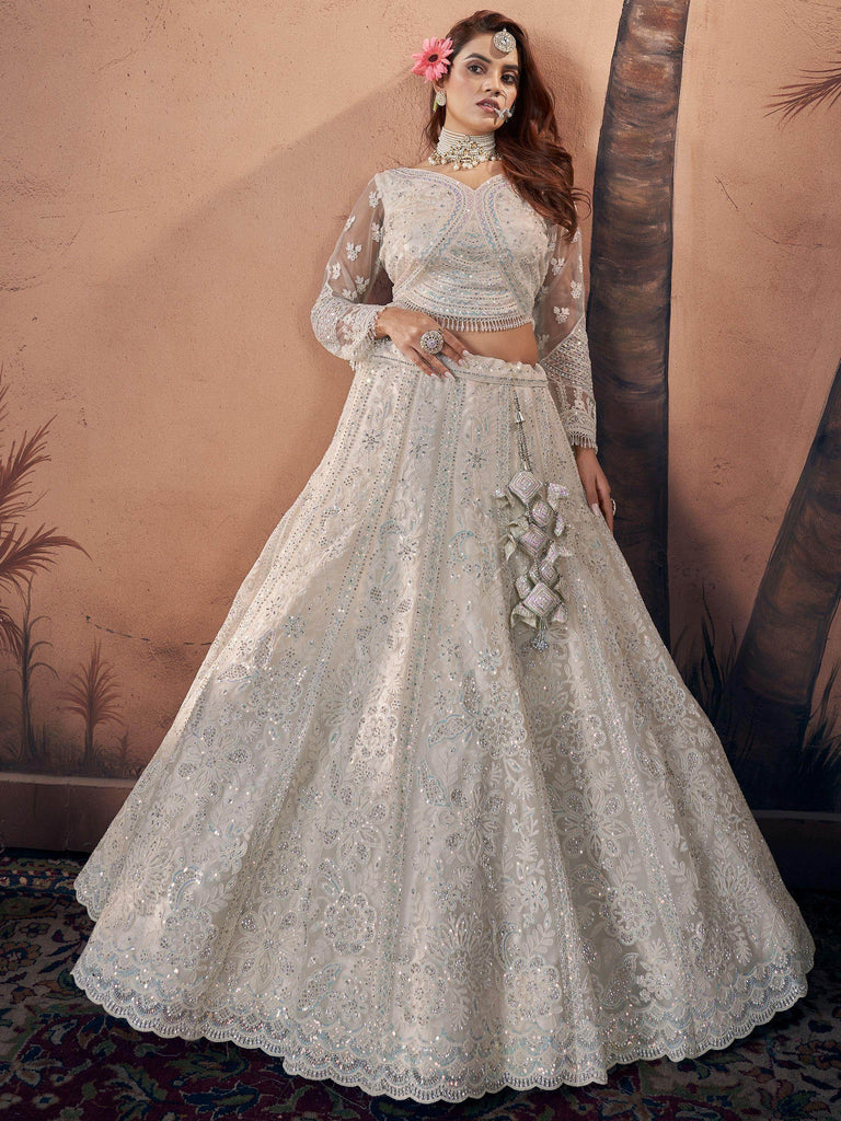 Excellent Off-White Zarkan Work Net Reception Wear Lehenga Choli