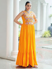 Intricate Mustard Yellow Rayon Gamthi Work Navratri Wear Gown
