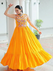 Intricate Mustard Yellow Rayon Gamthi Work Navratri Wear Gown