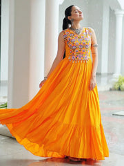 Intricate Mustard Yellow Rayon Gamthi Work Navratri Wear Gown
