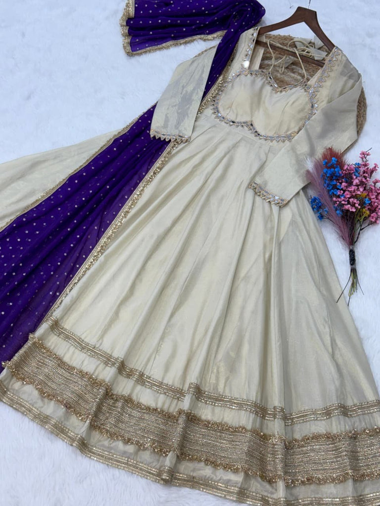 Stunning Purple Lace Work Silk Event Wear Gown With Dupatta