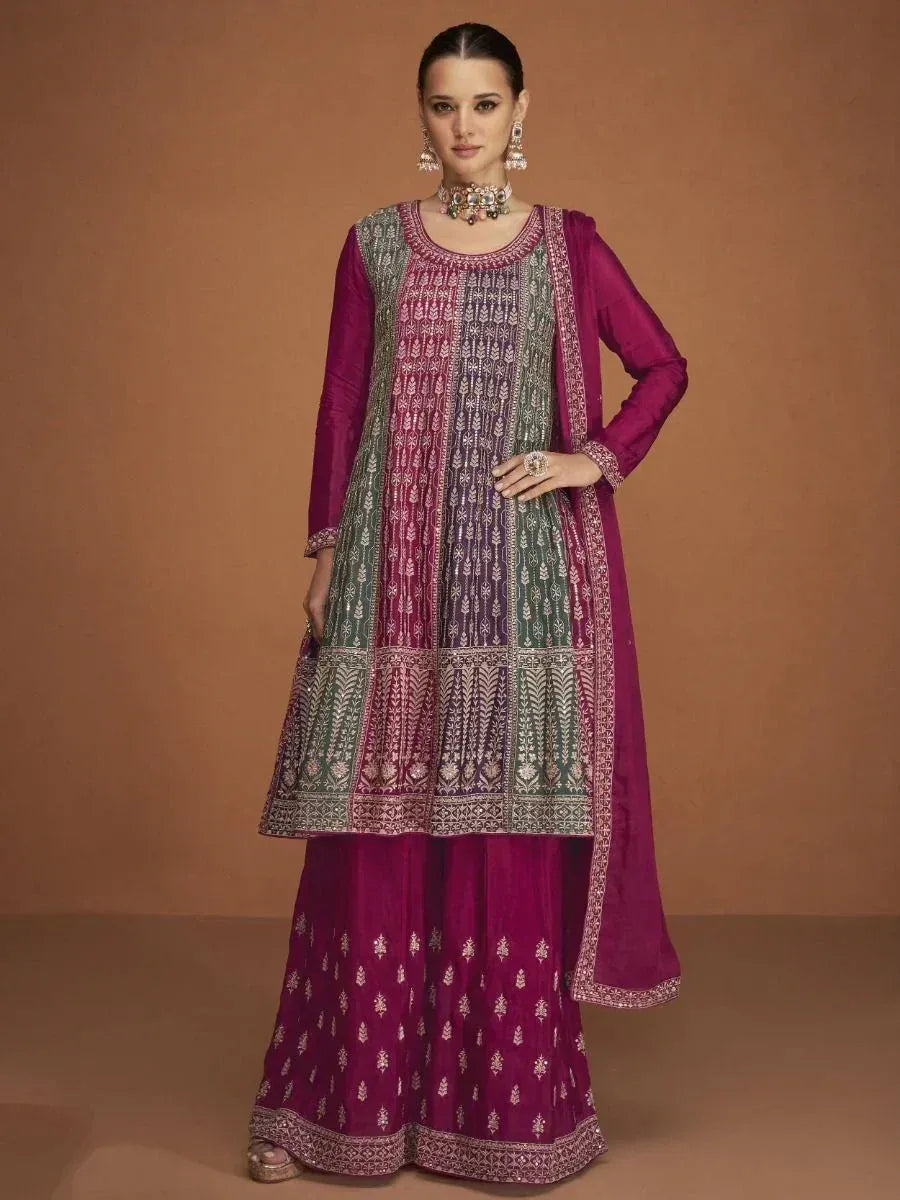 Purple and green embroidered salwar kameez with matching dupatta, Indian ethnic wear for women