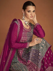 Engrossing Pink Embroidered Chinon Silk Festive Wear Sharara Suit