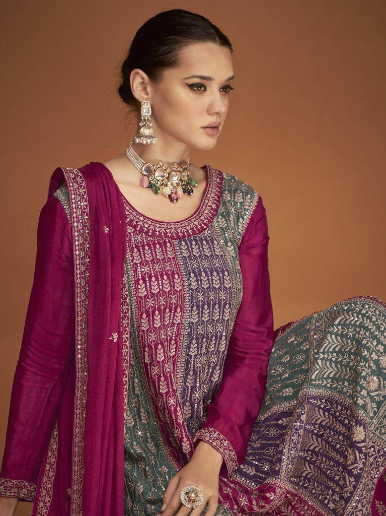 Engrossing Pink Embroidered Chinon Silk Festive Wear Sharara Suit