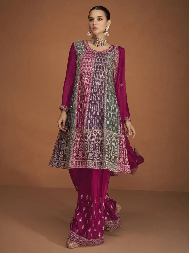 Engrossing Pink Embroidered Chinon Silk Festive Wear Sharara Suit