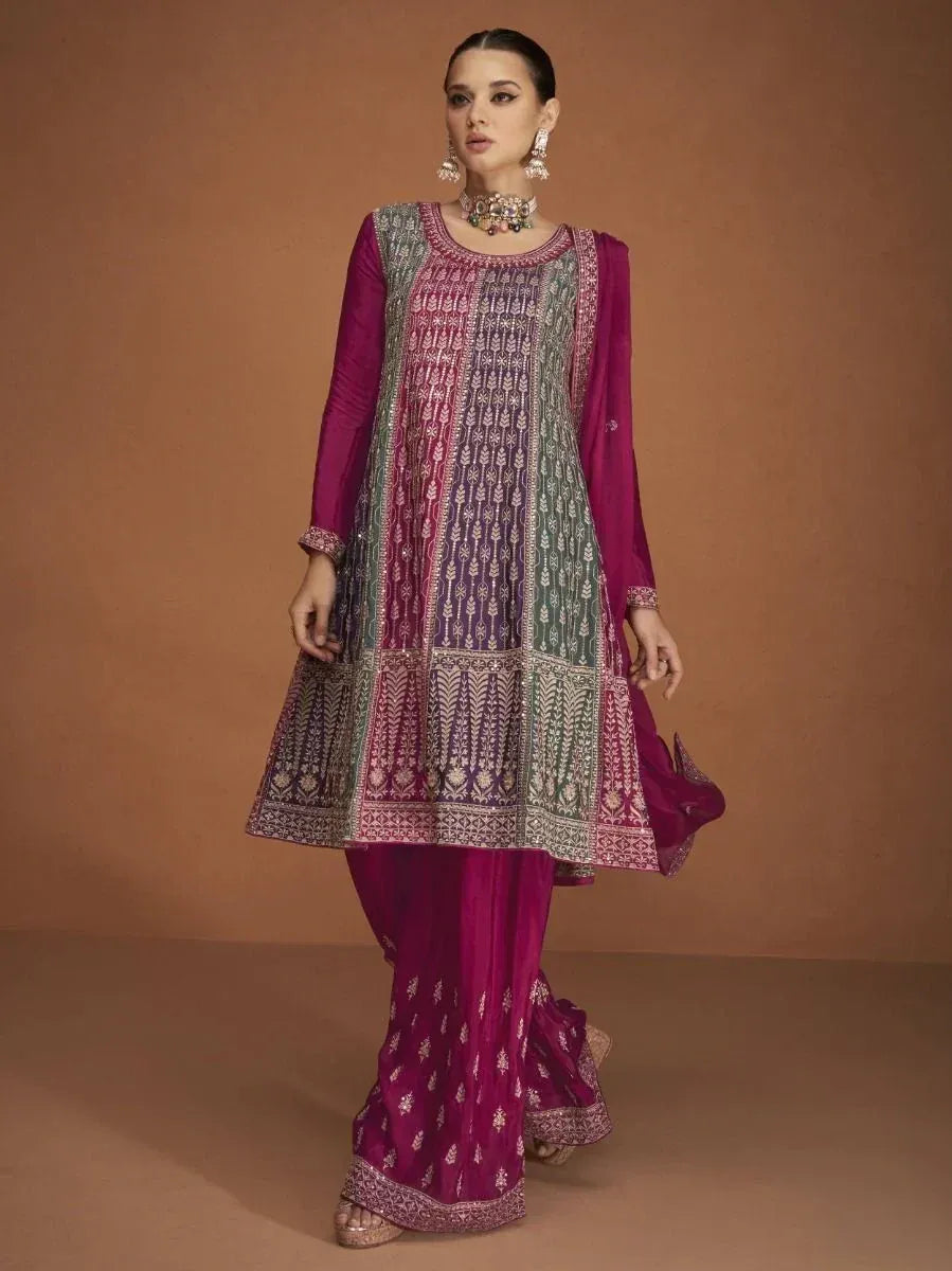 Purple and green embroidered salwar kameez with matching dupatta, Indian ethnic wear for women
