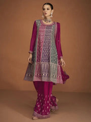Engrossing Pink Embroidered Chinon Silk Festive Wear Sharara Suit