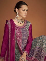 Engrossing Pink Embroidered Chinon Silk Festive Wear Sharara Suit