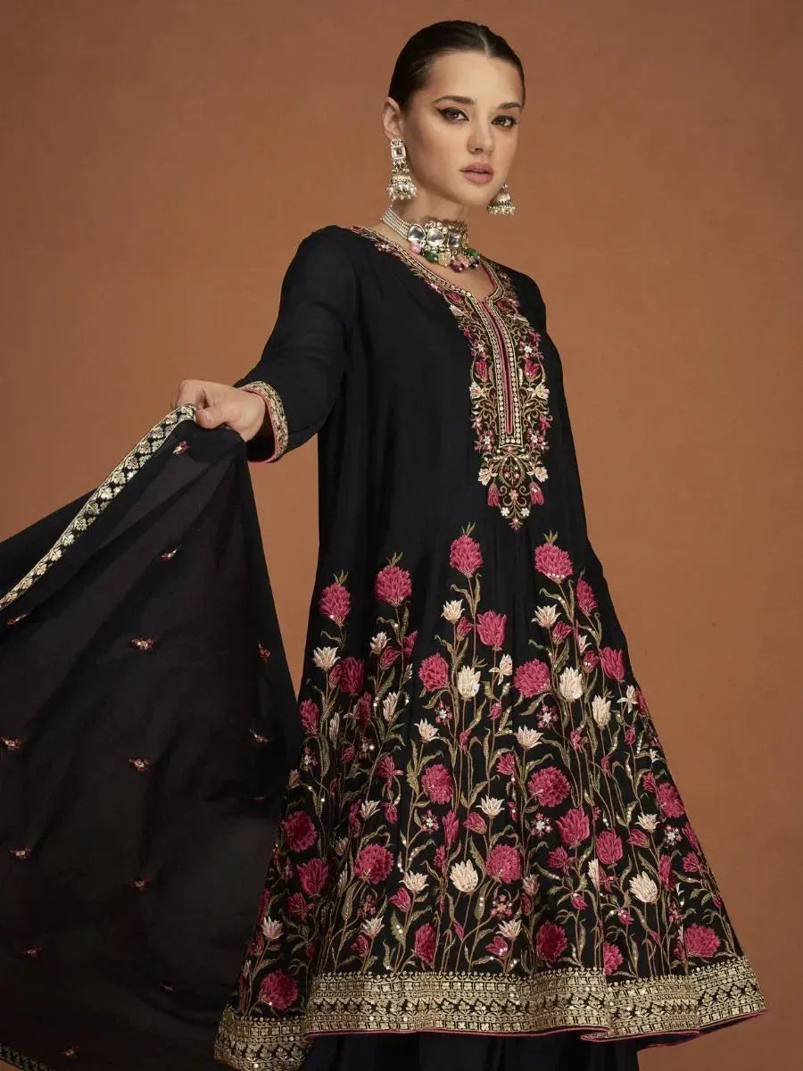 Black floral embroidered anarkali suit with dupatta, Indian ethnic wear for women