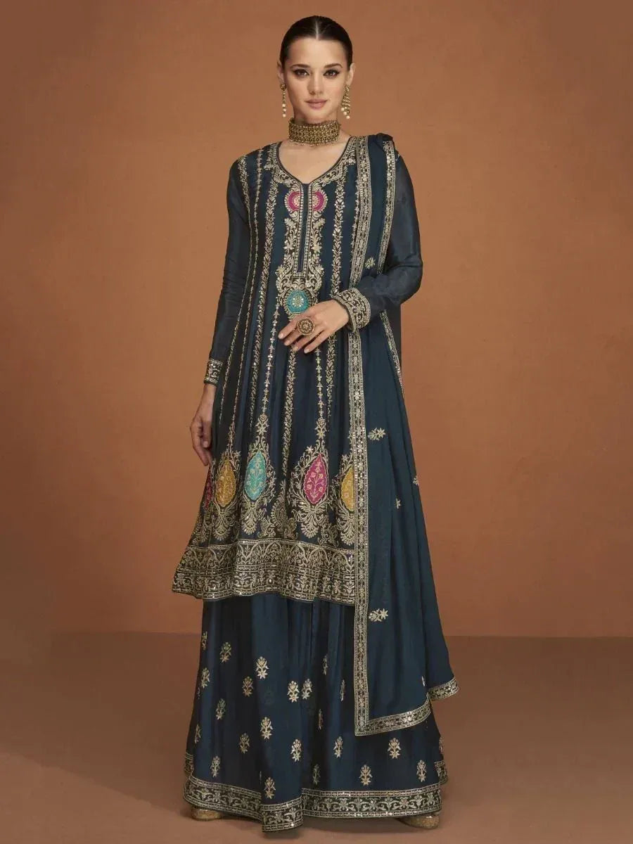 Dark blue embroidered anarkali suit with gold and colorful motifs, perfect for Indian ethnic occasions