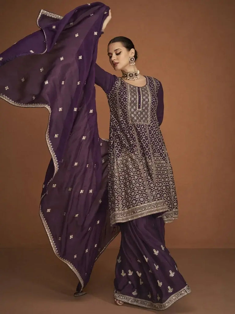 Charming Wine Zari Embroidery Chinon Party Wear Sharara Suit