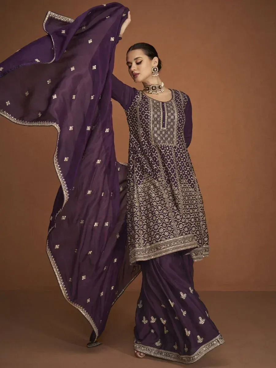 Purple embroidered salwar kameez with matching dupatta, ethnic Indian wear for women