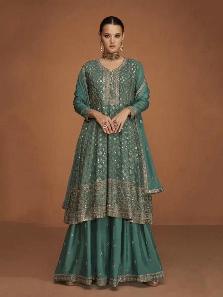 Emphatic Sage Green Zari Embroidery Chinon Party Wear Sharara Suit