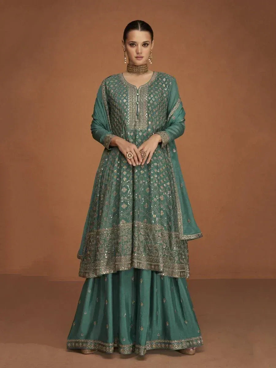 Teal embroidered anarkali suit with gold detailing, perfect for Indian ethnic occasions