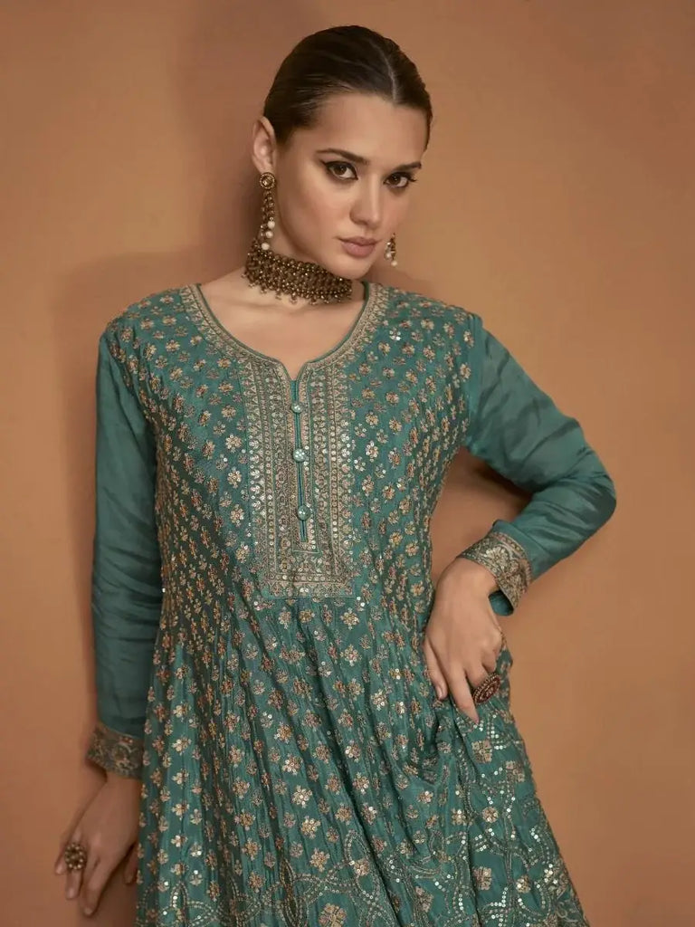 Emphatic Sage Green Zari Embroidery Chinon Party Wear Sharara Suit