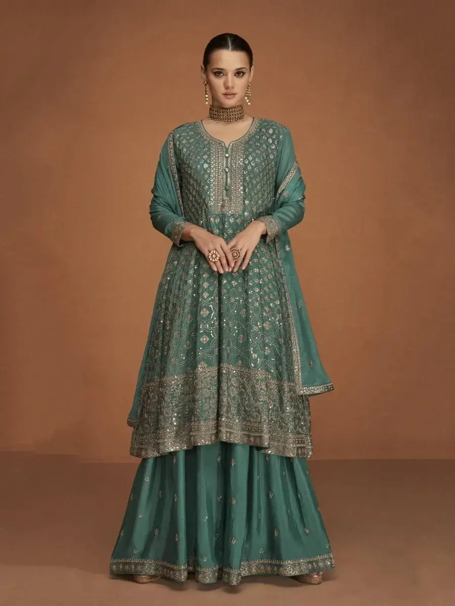 Emphatic Sage Green Zari Embroidery Chinon Party Wear Sharara Suit