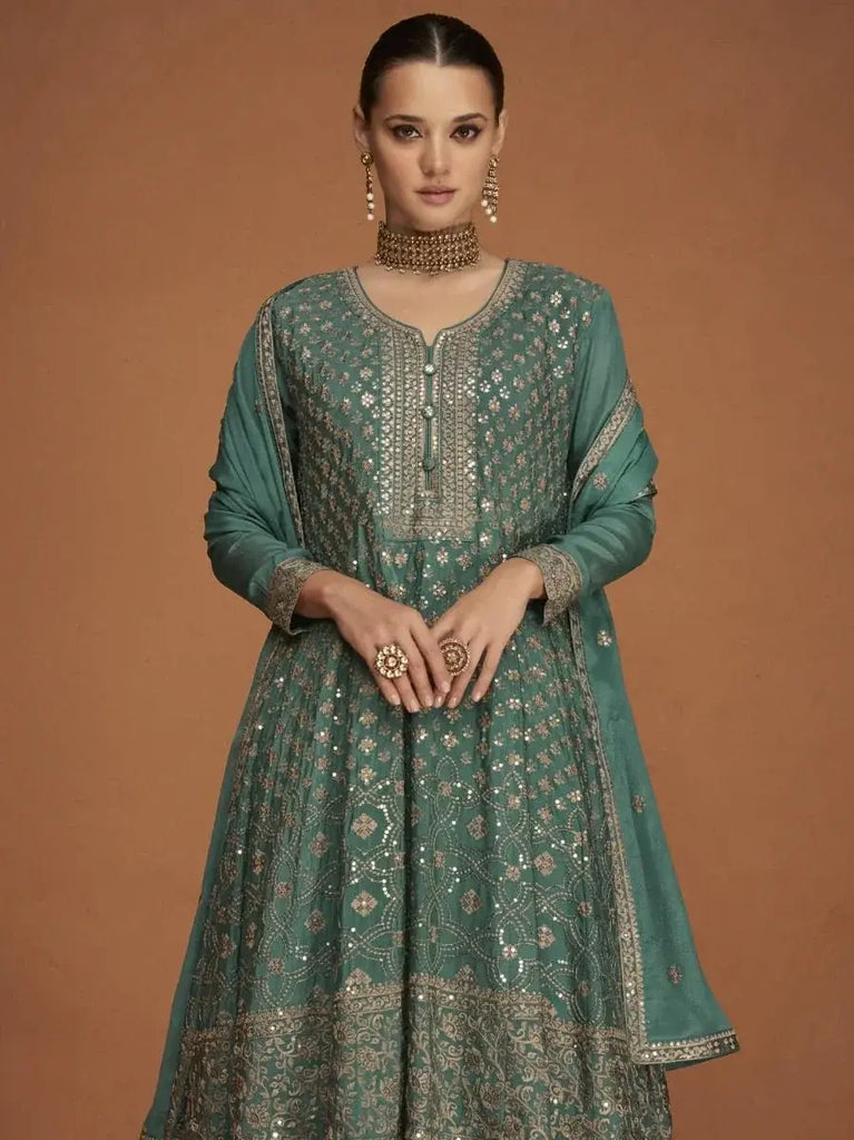 Emphatic Sage Green Zari Embroidery Chinon Party Wear Sharara Suit