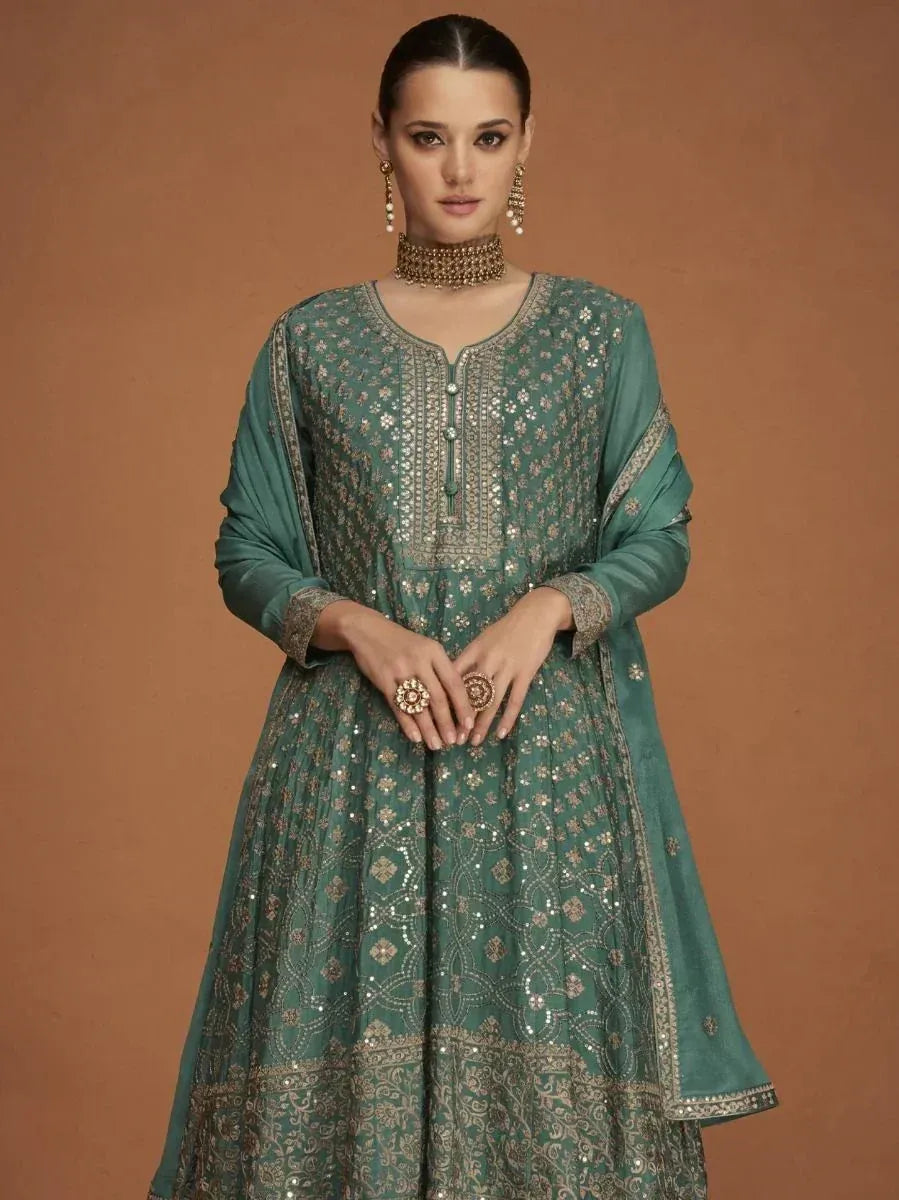 Teal embroidered anarkali suit with gold detailing, perfect for Indian ethnic wear occasions