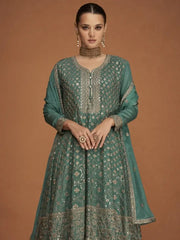 Emphatic Sage Green Zari Embroidery Chinon Party Wear Sharara Suit