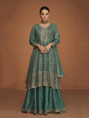 Emphatic Sage Green Zari Embroidery Chinon Party Wear Sharara Suit