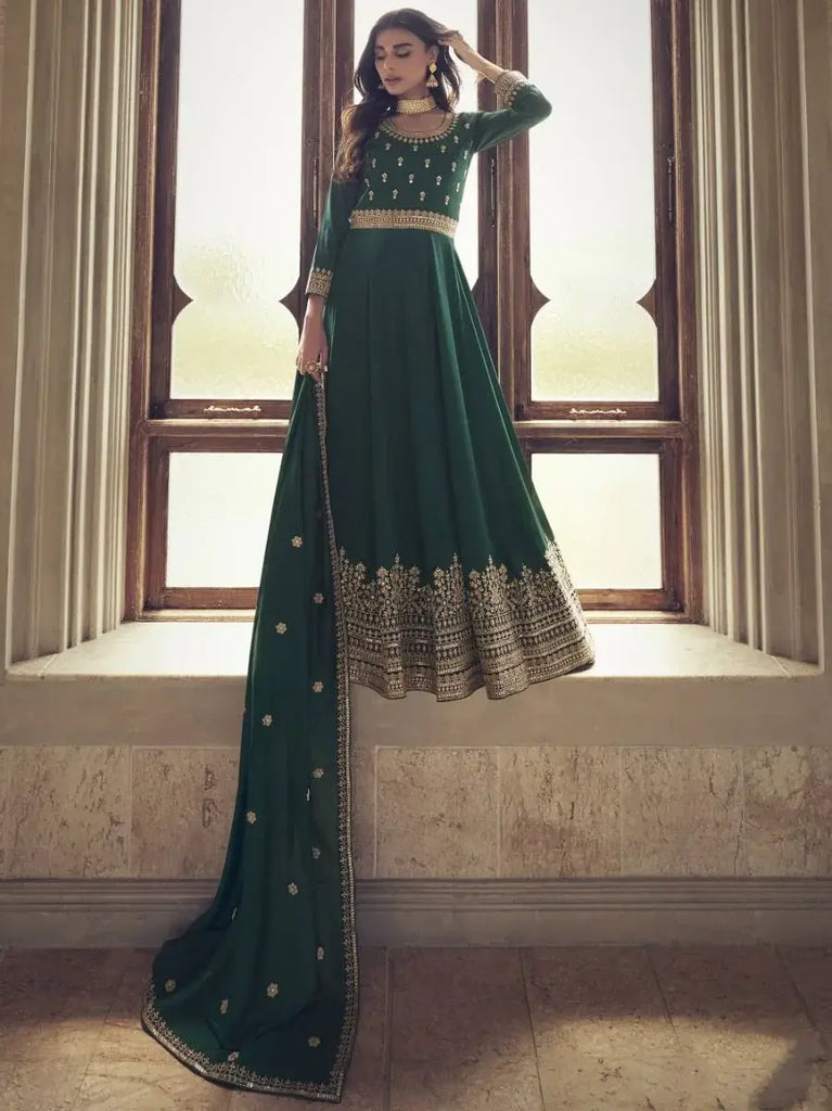 Tantalizing Green Embroidered Silk Sangeet Wear Ready-Made Gown