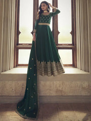 Tantalizing Green Embroidered Silk Sangeet Wear Ready-Made Gown