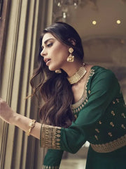 Tantalizing Green Embroidered Silk Sangeet Wear Ready-Made Gown