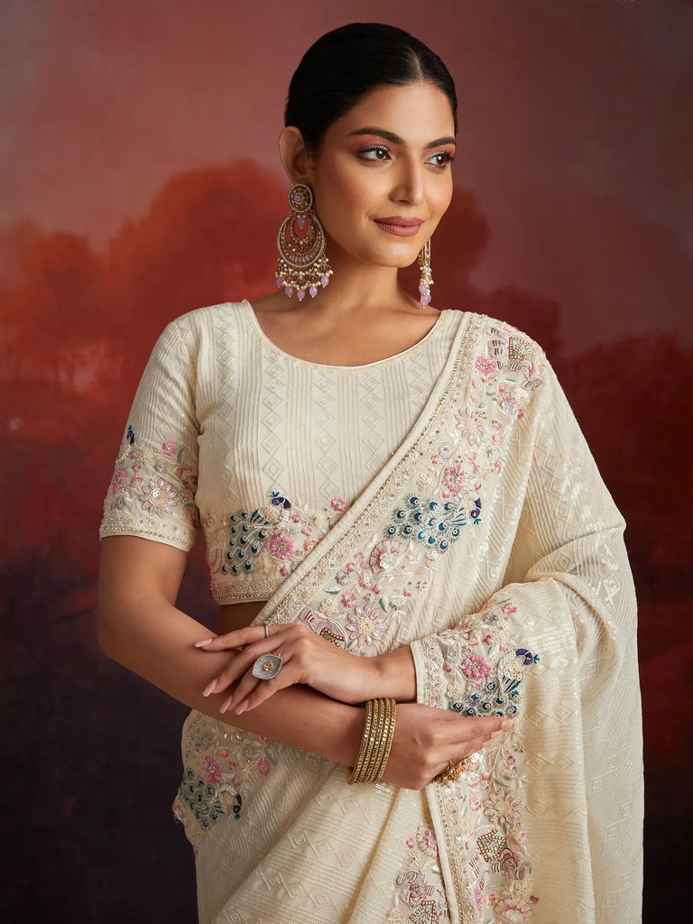 Stunning White Thread Work Georgette Festival Wear Saree With Blouse