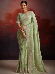 Glamorous Pista Green Embroidered Organza Saree With Blouse