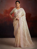 Glamorous Off-White Embroidered Net Traditional Saree With Blouse