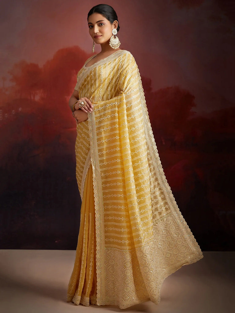 Attractive Mustard Yellow Thread Embroidery Organza Haldi Wear Saree