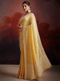 Attractive Mustard Yellow Thread Embroidery Organza Haldi Wear Saree