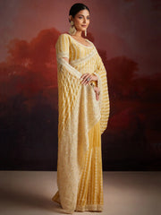 Attractive Mustard Yellow Thread Embroidery Organza Haldi Wear Saree