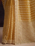Attractive Mustard Yellow Thread Embroidery Organza Haldi Wear Saree