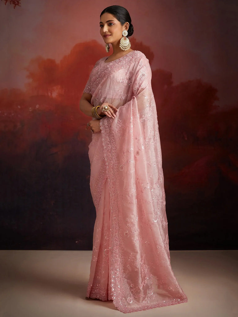 Adorable Peach Thread Embroidery Organza Wedding Wear Saree