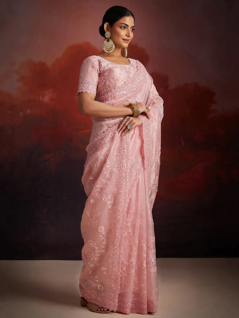 Adorable Peach Thread Embroidery Organza Wedding Wear Saree
