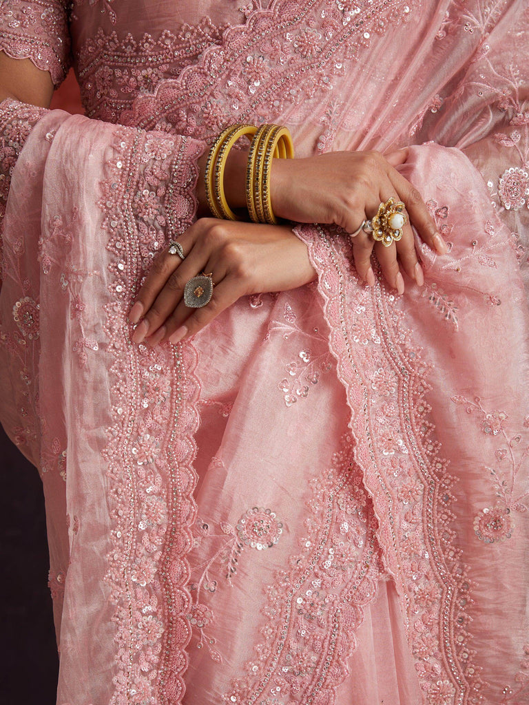 Adorable Peach Thread Embroidery Organza Wedding Wear Saree