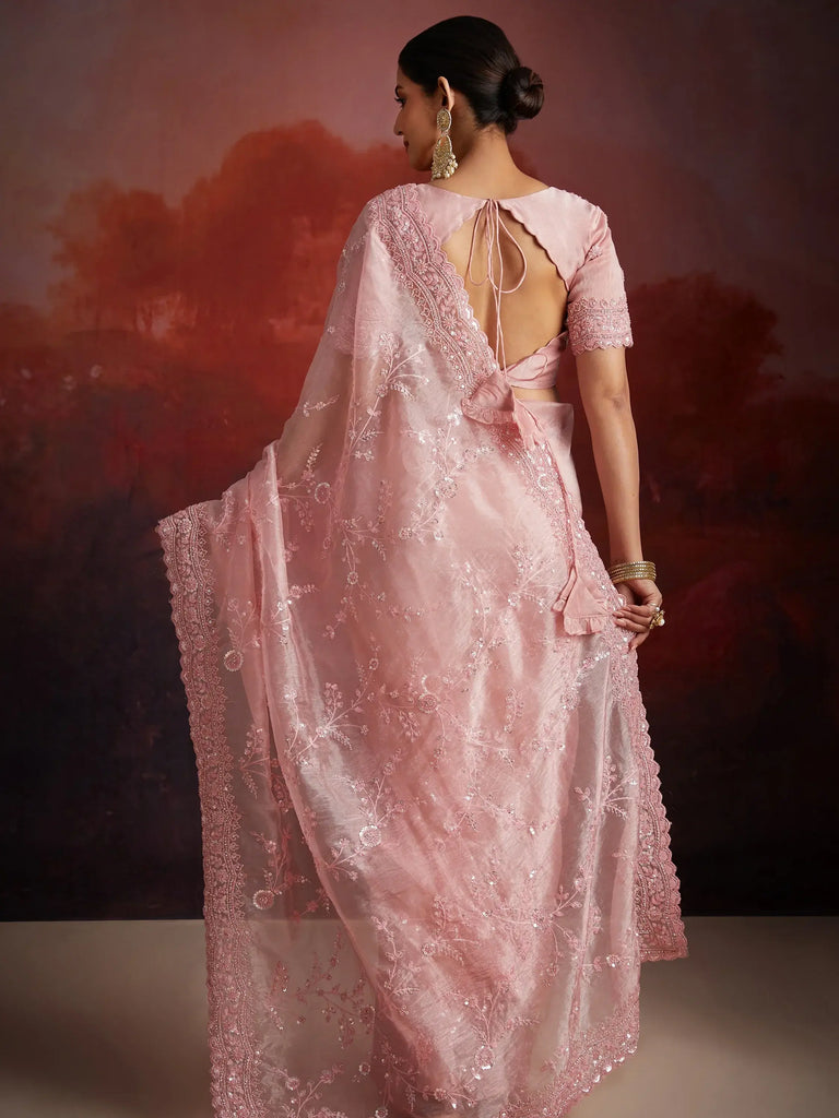 Adorable Peach Thread Embroidery Organza Wedding Wear Saree