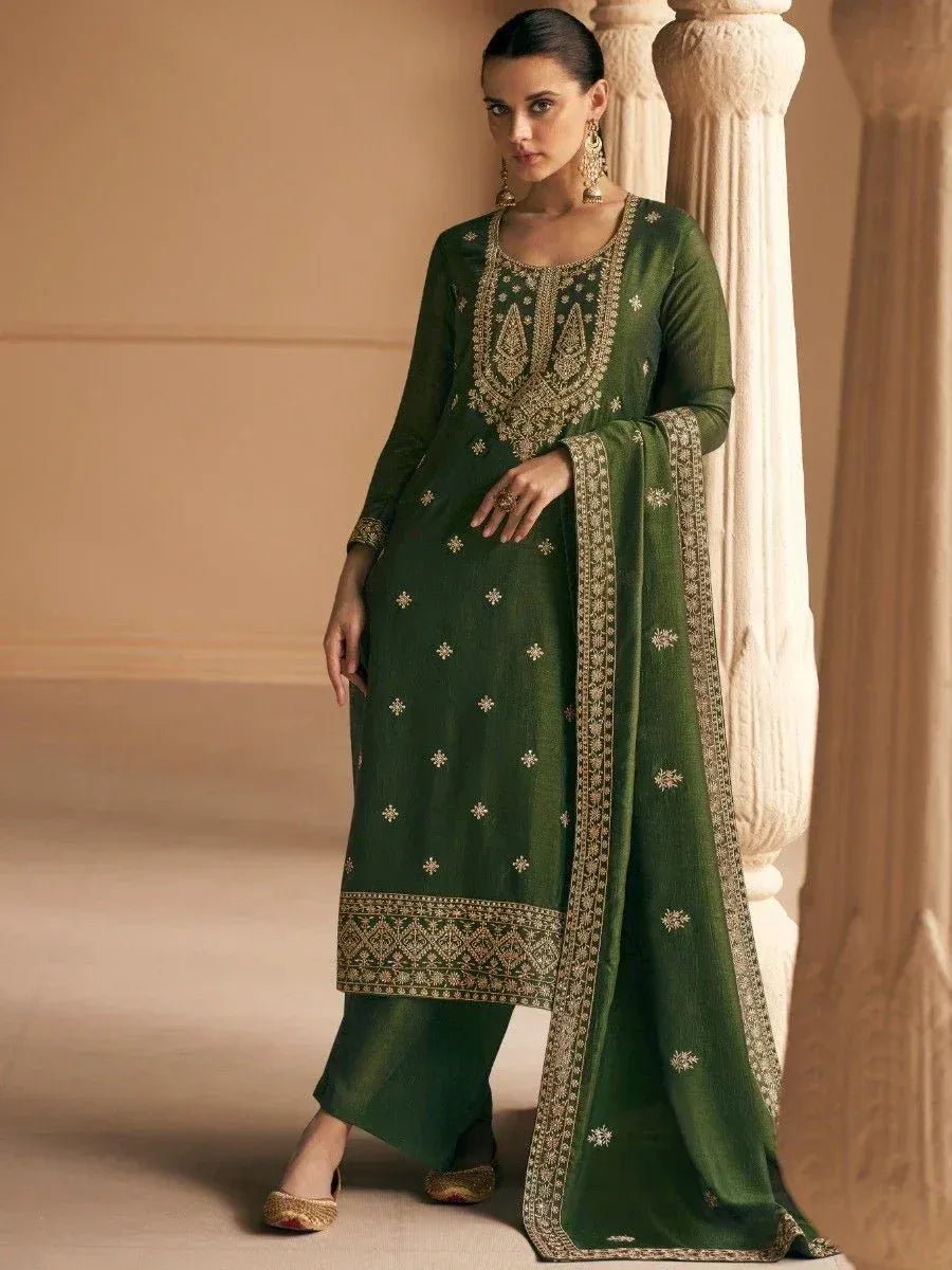 Green embroidered salwar kameez with gold detailing, perfect for Indian ethnic wear occasions