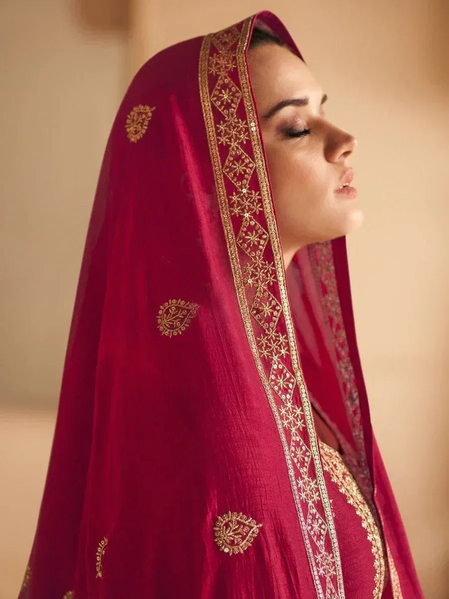 Maroon ethnic dupatta with gold embroidery, perfect for Indian designer lehenga choli or salwar kameez