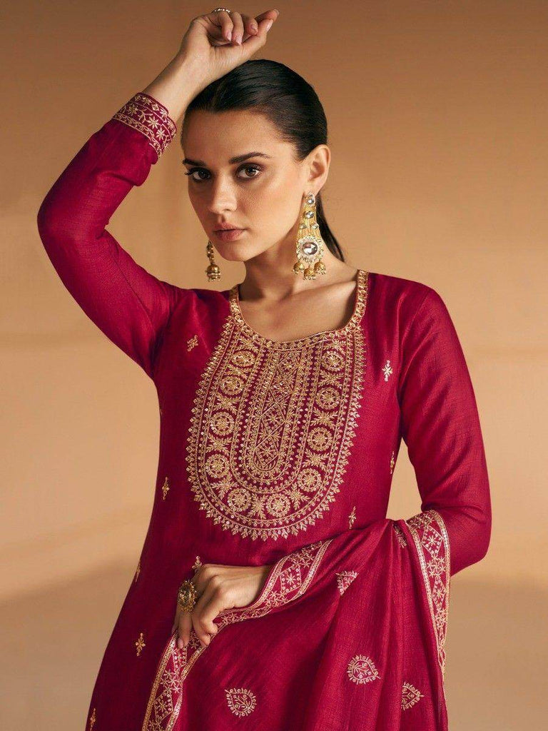 Fascinating Red Embroidered Silk Festival Wear Salwar Suit With Dupatta