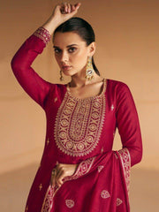 Fascinating Red Embroidered Silk Festival Wear Salwar Suit With Dupatta