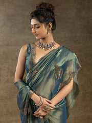 Fascinating Dusty Blue Hand Work Organza Party Wear Saree With Blouse